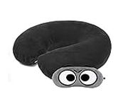 Juzzii Velvet Neck Pillow Eye Mask - Combo Airline Pillow Sleeping Pillow with Sleeping Eye Mask Travel Eye Mask Great for Long Road Trips and Flights - Black Neck & Mask No-30