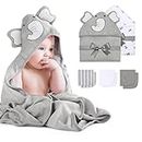 Momcozy Baby Hooded Towel, 8-Piece Bath for Boys or Girls, Washcloth Set with Cute Design, Shower Towel Gift for Newborns, Infants and Toddlers