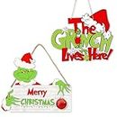 Christmas Decorations Hanging Sign, 2 Pack Christmas Grinch Wooden Door Sign Thief Stole Decor, Christmas Wreath Ornament for Holiday Xmas Door Wall Tree Decorations Indoor Outdoor (A+B)