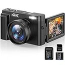 4K Digital Camera for Photography and Video Autofocus 16X Digital Zoom, 48MP Vlogging Camera with 32GB SD Card, 3'' 180° Flip Screen Compact Camera for Travel,2 Batteries Charger Stand