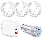 40W iPhone 15 Car Charger Fast Charging[MFi Certified], 20W Dual Port USB C Wall Charger Block + 3 X 6FT USB C to C Cable for iPhone 15/15 Plus/15 Pro/15 Pro Max, iPad Pro/Air/Mini, Pixel 8/7/6/5