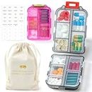 2 Pack Travel Pill Organizer Box w Labels & 1 Drawstring Pouch, Small 10 Grid Compartments Pocket Pharmacy, Handy Pill Holder Box - Portable Medicine Container Case - Daily Weekly Medication Organizer