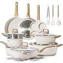 CAROTE 21Pcs Pots and Pan Set, Non Stick Cookware Set, White Granite Induction Cookware Cooking Pot Set w/Frying Pans & Saucepans(PFOS, PFOA Free)