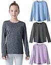 3 Pack: Youth Girls Long Sleeve Shirts Active Dry Fit Athletic Performance Clothes Kids Teens Sports Tees with Thumbholes, Heather Lavender/Black/Light Blue, Medium