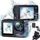 Waterproof 4K Action Camera with Touch Screen,Underwater Camera for Snorkeling,Dual Screen Bicycle Helmet Camera,EIS,170degree Wide Angle,WiFi,2 Batteries and Mounting Kits