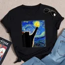 Van Gogh Starry Night Cat In The Print Fashion Soft Summer Women T-Shirt Art Painting Fashion Style