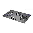 Kaff Crista Crh 783 Built-In Hobs 3 Burners, Auto Electric Ignition Glass Top, 78 Cm, Black Coated Tornado Style Burners, Ss Drip Tray, 8 Mm Thick Toughened Glass (Black) - Tempered Glass