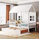 ACQCA Twin Size Wood House Bed with Twin Size Trundle,Playhouse Bed-Frame w/Roof and Window for Kids,Teens,White