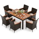 7 Pieces Outdoor Wicker Dining Set with 6 Stackable Chairs & Acacia Wood Table
