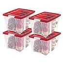IRIS USA 51.1 L (54 US Qt.) Holiday Storage Bin with Lid, 4-pack, Stackable Holiday Storage Container with Lid and Latching Buckles for Holiday Decorations Accessories and Supplies, Clear/Red