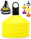 Pro Disc Cones (Set of 50) - Agility Soccer Cones with Carry Bag and Holder for Sports Training, Football, Basketball, Coaching, Practice Equipment, Kids - Includes 15 Best Drills Book (Bright Yellow)