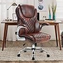 REFICCER Leather Executive Office Chair, High Back Ergonomic Office Desk Chairs with Wheels, 90-120° Rocking Managerial Chair Swivel Desk Chairs with Flip-up Armrests and Lumbar Support(Brown)