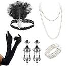 VEGCOO 1920s Flapper Great Gatsby Accessories Set with Vintage Headband Long Gloves Bracelet Necklace Earrings(Black)