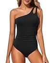 Holipick One Shoulder One Piece Swimsuit for Women Tummy Control Bathing Suits Modest Full Coverage Keyhole Swimwear Black