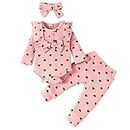Newborn Baby Girl Clothes Love Hearts Ruffle Long Sleeve Bow Romper+Pants+DIY Headband Fall Winter Outfit Clothing Set (Pink, 3-6 Months)