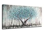 Arjun Tree Wall Art Teal Blue Nature Tree of Life Abstract Canvas Painting Textured Picture, Modern Large Panoramic Landscape Artwork Framed for Living Room Bedroom Bathroom Office Home Decor 40"x20"
