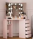 Eloklem Tocador con espejo, tocador con 5 cajones y 3 luces LED regulables, mesa de maquillaje moderna para dormitorio de madera, mesa de maquillaje para dormitorio de mujer (rosa-1)