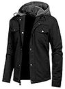 Pursky Men's Canvas Cotton Military Casual Field Jacket Outerwear With Removable Hood, Black, Medium