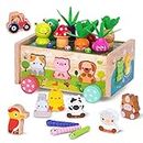 Montessori Wooden Toddler Toys for 1 2 3 Years Old Boys Girls, Shape Sorting Toys First Birthday Gifts for 1-2 Years, Wood Animal Farm Car Preschool Educational Fine Motor Skills Toy