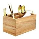 Spiretro Flatware Caddy, Cutlery Utensil Holder, Silverware Condiment Organizer for Kitchen, Dining, Entertaining, Tailgating, Picnics, 4 Compartment, Solid Acacia Wood with Golden Metal Handle-Brown