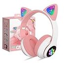 Wireless Headphones for Kids,Cat Ear LED Light Up Bluetooth Kids Headphones with Microphone for School/Travel/Sports/Gaming/Gifts/Christmas (Pink)