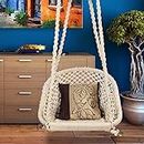 Halder Jute Handmade Regular Indoor & Outdoor & Living Room D Shape Hanging Swing Chair | Jhula with One Cushion | 1 Iron S Hook | 3M Nylon Rope (Cotton, White, Size:- 70 * 65 * 150 CM)
