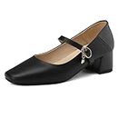 WOkismD Mary Jane Chaussures pour Femmes Chunky Low Heels Pumps Ladies Block High Heel Sweet Ankle Strap Dress Pumps Square Closed Toe Daily Casual Dress Shoes,Noir,39