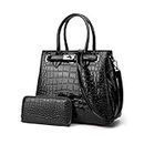 NICOLE & DORIS Womens Handbag Patent Leather Top Handle Bags Shoulder Bags Crocodile Print Handbag with Purse Clutch Shopping Bag Crossbody Bag Ladies Work Bag 2 Pcs Set Black