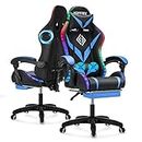 Gaming Chair with Bluetooth Speakers and RGB LED Lights Ergonomic Massage Computer Gaming Chair with Footrest Video Game Chair High Back with Lumbar Support Blue and Black