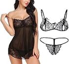 Xs and Os Women's Babydoll with Lace Bra Panty Lingerie Set Combo (Free Size, Black)