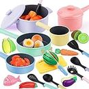 GILOBABY Kitchen Pretend Toy, Role Play Cutting Fruits Food Toy& Cookware Pot& Pan Set, Educational Gift Toy for Kid Girl Boy Toddler Age 3,4,5,6,7,8, Cooking Utensil Vegetable Toys for Children(PINK)