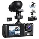 3 Channel Dashcam for Cars, Dash Cam Front and Rear Inside, Adjustable Lens Car Camera with 64GB Card, Car Accessories with Night Vision, G-sensor, Loop Recording, Parking Monitor
