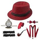 RAINDEWLL 1920s Accessories for Men 20s Gatsby Gangster Costume Accessories Set Fedora Hat Suspenders Wine Red