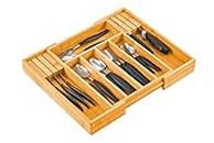 CARLA HOME Bamboo Expandable Drawer Organizer with Knife Block Holder for Home Kitchen Utensils, Large Capacity, Adjustable Cutlery Tray, Tableware Storage Box Utensil Tray, Drawer Organizer