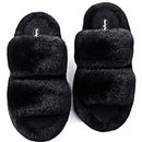 FamilyFairy Womens Fluffy Faux Fur Slippers Comfy Open Toe Two Band Slides with Fleece Lining and Rubber Sole (Large / 9-10, Black)
