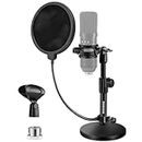 BILIONE Upgraded Desktop Microphone Stand, Adjustable Mic Stand Desk with Pop Filter, Shock Mount, Microphone Clip, 5/8" to 3/8" Metal Screw Adapter