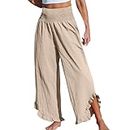 Women's Cotton Linen Pants,2024 Summer Wide Leg Lightweight Flowy Beach Lounge Pants,Plus Size Casual Loose Elastic High Waist Palazzo Trousers Pants Vacation Outfits(A-Khaki,S)