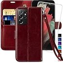 MONASAY Wallet Case Compatible for Galaxy S21 Ultra 5G, 6.8 inch [Screen Protector Included][RFID Blocking] Flip Folio Leather Cell Phone Cover with Credit Card Holder, Wine