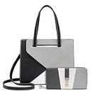 Miss Lulu Handbags for Women Tri Colour with Long Purse, Shoulder Bags with Wallet 2Pcs, Top Handle Bag PU Leather, Can Switch Color Block Match (Bag Grey+Purse Grey/White)