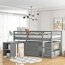 Low Loft Bed Wood Loft Bed Frame with Storage Cabinet and Rolling Portable Desk for Kids and Teen, Boys, Girls, Twin,Gray