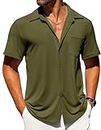 COOFANDY Men's Summer Shirts Knitted Short Sleeve Button Down Shirts for Men Fashion Beach Casual Shirt Army Green