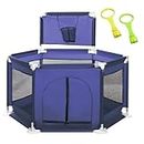 SNOWIE SOFT® Baby Playpan with Basketball Frame & Gate DIY Assembly Hexagon Play Yard Breathable Playpen for Baby and Toddlers Portable Outdoor Baby Playpen, with 2 Pull Grips, 27.5x59''