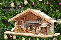 BTV Große Weihnachtskrippe + Zubehör, 60 cm massiv Vollholz Massivholz komplett mit hochwertigen Premium Figuren, Krippe mit Figuren und Zubehör, Beleuchtung Krippenställe