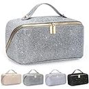 CCidea Travel Makeup Bag, Large Capacity Cosmetic Bags for Women, Glitter Make up Bag Open Flat Toiletry Bag Make up Organizer with Divider and Handle - Gray