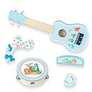 WoodenEdu Kids Guitar for Girls, Wooden Musical Instruments Toys with Ukulele, Tambourine, Maracas, Harmonica, Mini Band Sets for Toddlers 2 3 Years Old Birthday Gift (Blue for Boys)