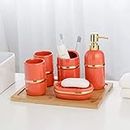 Bathroom Accessories Set Ceramic Bathroom Set with soap Dispenser Toothbrush Holder Glass and soap Dish Modern Design Rinse Cup Bathroom kit Accessories Bottles for Bath Lotion (Orange 6)