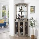 Home Source Stone Grey Corner Bar Unit 73" with Built-in Wine Rack and Lower bar Cabinet for Liquor and Glasses | Storage