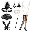 1920s Accessories Set, 8 Pieces 1920s Women Flapper Costume Accessories Gatsby Gloves Headband Pearl Necklace Earrings