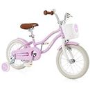 BABY JOY Kids Bike, 14 Inch Boys Girls Bike for 3-5 Years Old w/Training Wheels, Adjustable Seat, Removable Basket, Handbrake and Coaster Brake, Kids Bicycle (Purple)