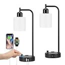 Industrial Bedroom Lamps for Nightstand Set of 2 - Fully Dimmable Bedside Lamps with USB A C Ports and Outlet, Black Table Lamps with Opal Glass Shade for Living Room, Desk Lamps for Office Reading